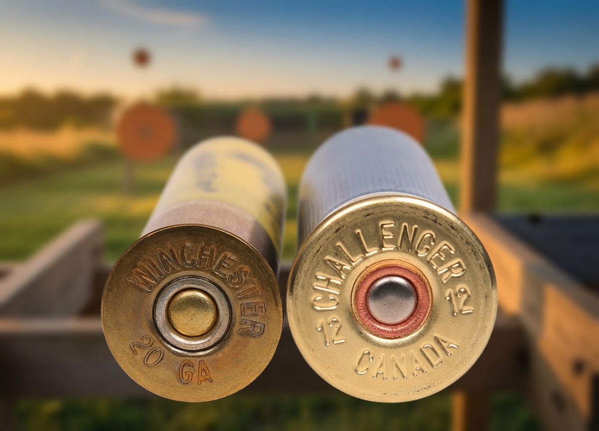 The head ends of two shotshells side by side, a Winchester 20 gauge on the left and a Challenger 12 gauge on the right, brass head stamps and primers in focus with a shooting range blurred behind.