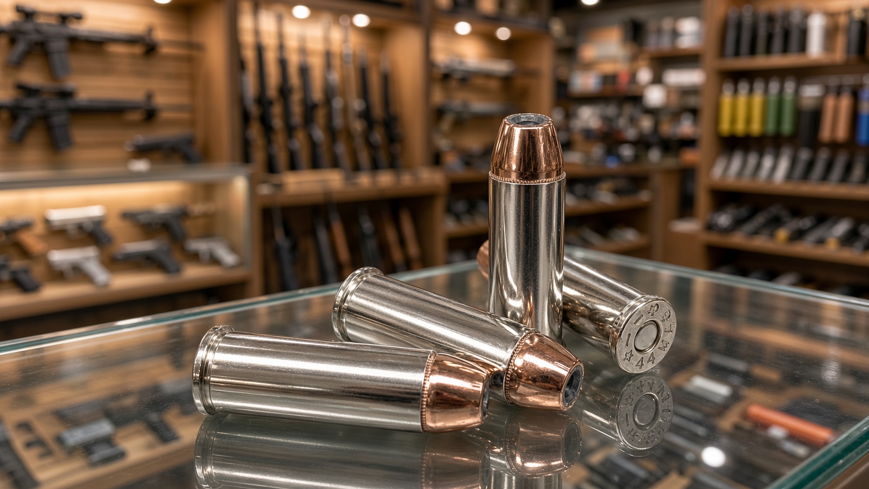 44 Magnum ammo sitting on a counter in a gun store