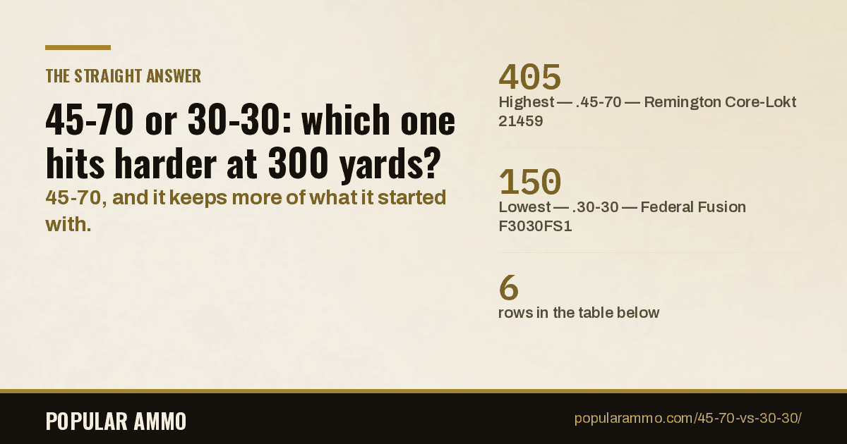 45-70 and 30-30 loads compared at the muzzle and 300 yards, with the share of muzzle energy each one loses on the way.