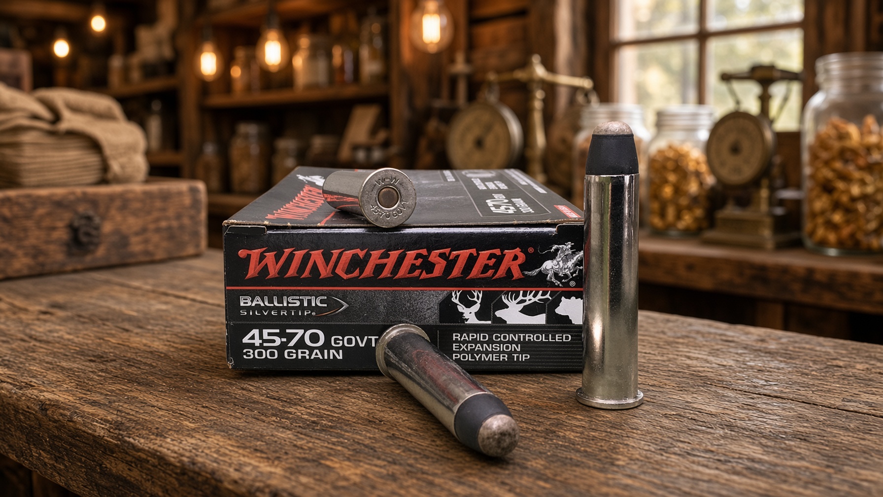 4570 ammo sitting on the shelf of mercantile - Popular Ammo 4570 ammo sitting on a store shelf