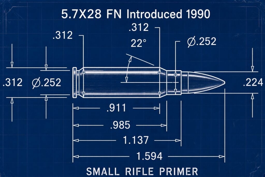 Dimensioned drawing of the 5.7x28mm FN cartridge showing a .312 inch base and rim, a .252 inch case body, a 22 degree shoulder and a .224 inch bullet