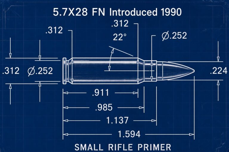 Dimensioned drawing of the 5.7x28mm FN cartridge showing a .312 inch base and rim, a .252 inch case body, a 22 degree shoulder and a .224 inch bullet