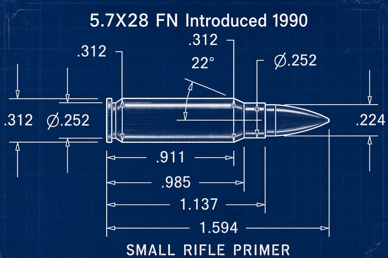 Dimensioned drawing of the 5.7x28mm FN cartridge showing a .312 inch base and rim, a .252 inch case body, a 22 degree shoulder and a .224 inch bullet