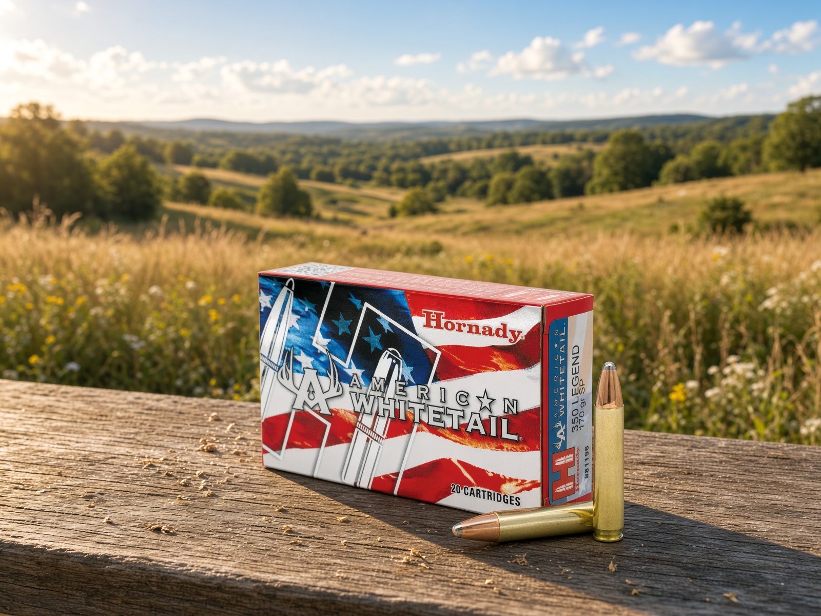 Hornady 350 legend ammo overlooking a field