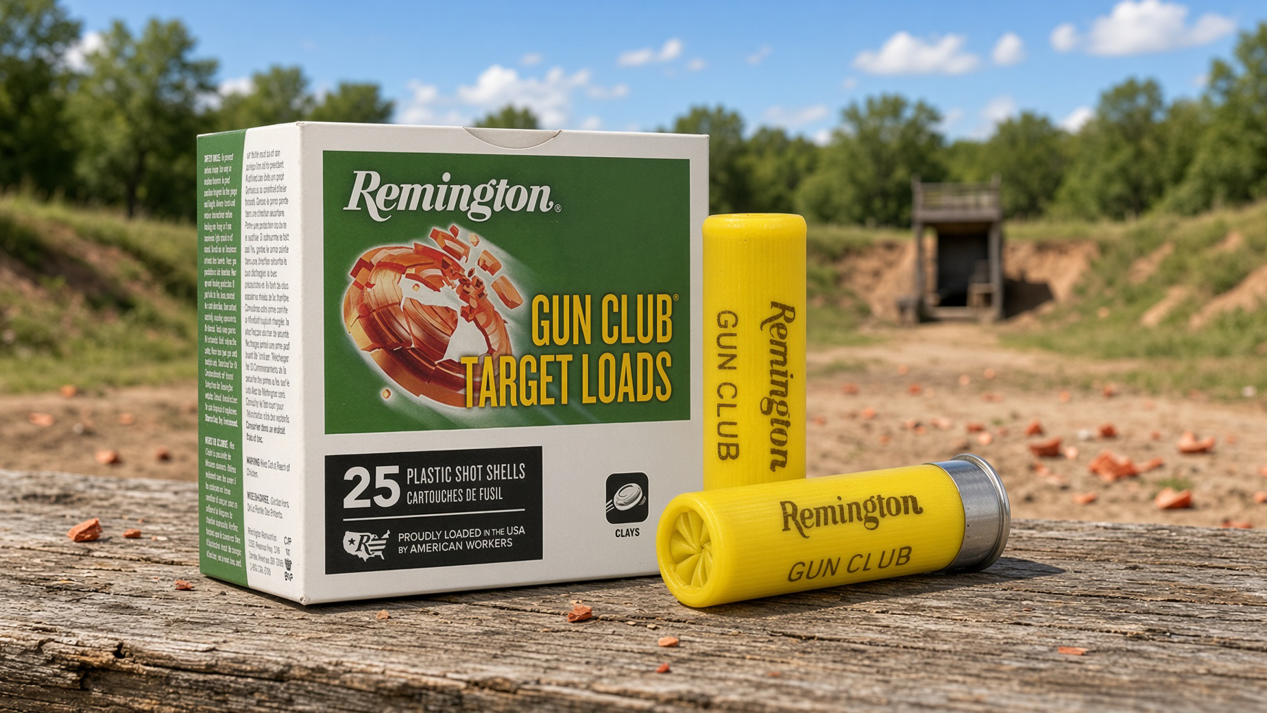 Remington 20 gauge shotgun shells gun club target loads - Popular Ammo A box of Remington 20 gauge shotgun shells at a shooting range