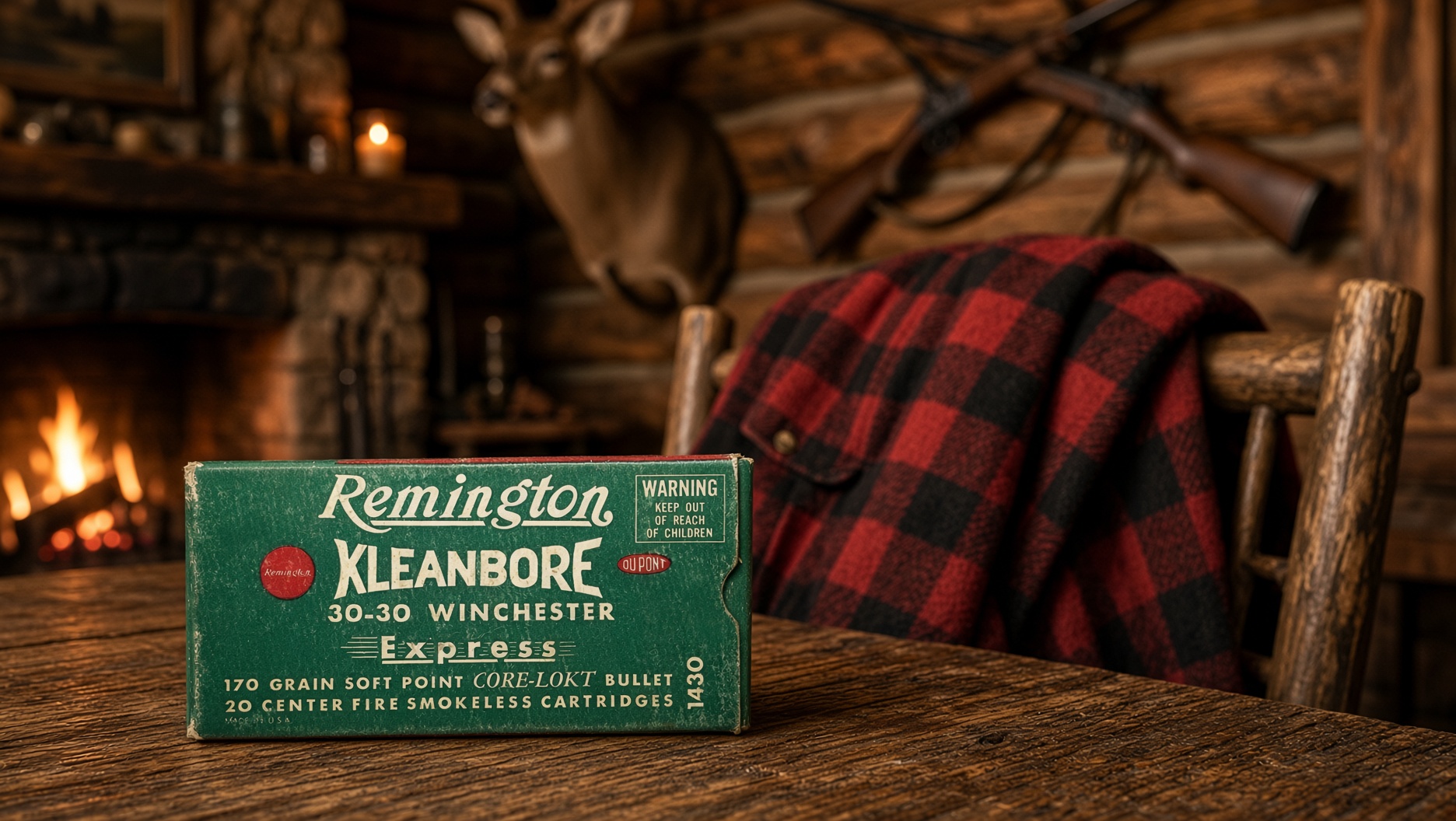 A vintage green Remington Kleanbore .30-30 Winchester Express box of 170 grain Core-Lokt soft points sits on a wooden table in a hunting cabin, with a lit fireplace, a mounted deer and a red plaid wool jacket behind it.