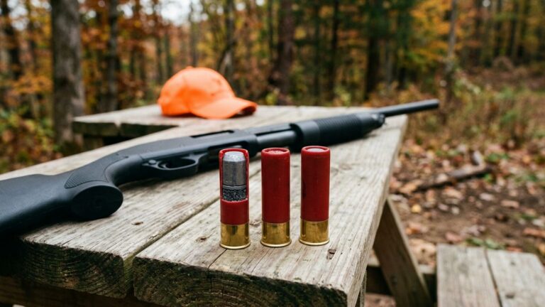 12 gauge slugs: three slug shells standing beside a pump-action shotgun on a shooting bench in the deer woods