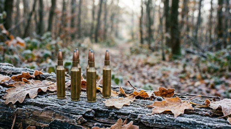 .243 ammo: .243 Winchester soft-point cartridges standing on a frosty log near a deer trail