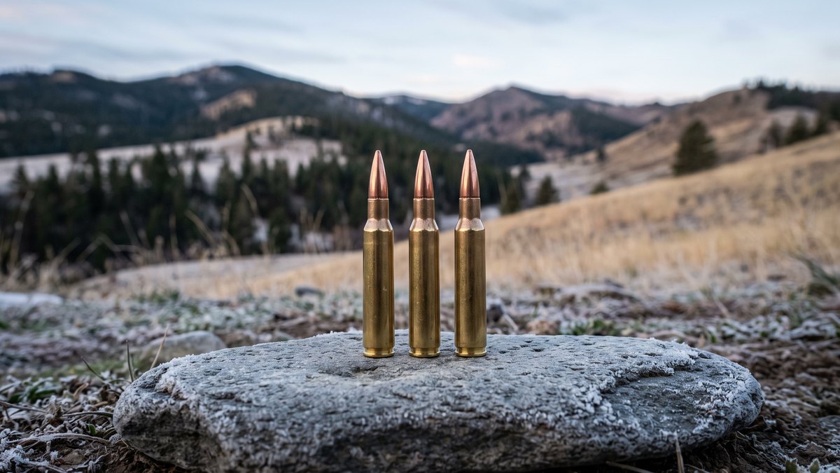 300 Win Mag ammo: three long magnum rifle cartridges standing on a flat river rock with blurred elk-country mountains behind in cold morning light