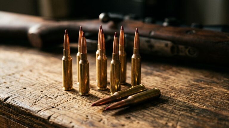 6.5 Creedmoor ammo: polymer-tipped 6.5 Creedmoor rifle cartridges standing on a wooden tabletop