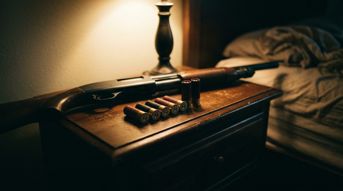 12-gauge buckshot shells next to a pump shotgun on a nightstand - Popular Ammo 12-gauge buckshot shells next to a pump shotgun on a nightstand