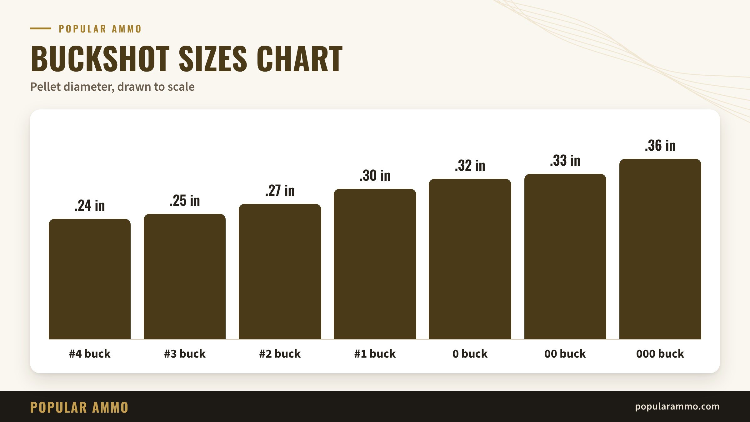 Buckshot sizes chart: pellet diameters from #4 buck at .24 inch to 000 buck at .36 inch, drawn to scale