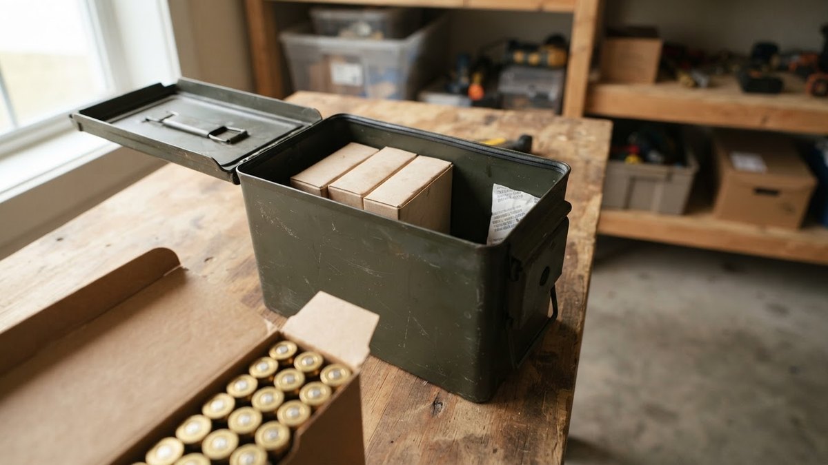 Does ammo expire? An open steel ammo can holding boxed cartridges and a desiccant pack on a garage shelf