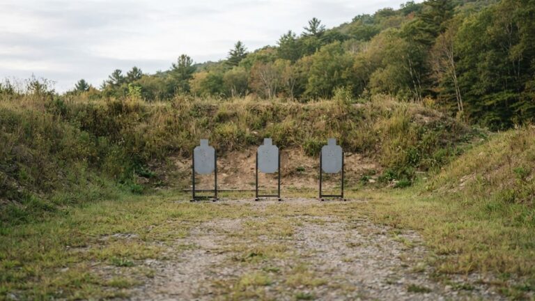 How far can a bullet travel past a target? A dirt berm backstop behind steel targets at an outdoor range, with a wooded hillside beyond