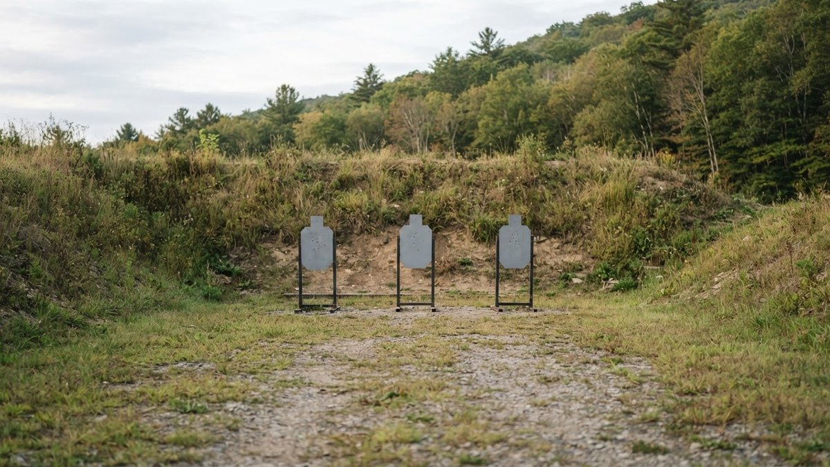 How far can a bullet travel past a target? A dirt berm backstop behind steel targets at an outdoor range, with a wooded hillside beyond