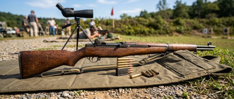 M1 Garand rifle with an en-bloc clip of .30-06 cartridges on a shooting mat