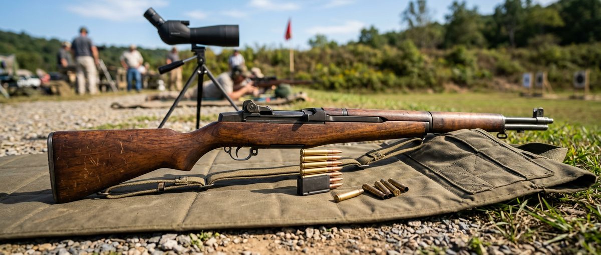 M1 Garand rifle with an en-bloc clip of .30-06 cartridges on a shooting mat