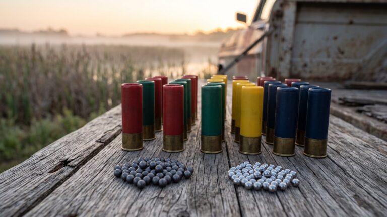 Shotgun shot size chart in real life: rows of shotgun shells in different hull colors on a weathered tailgate with loose lead and steel pellets in front and a marsh at dawn behind