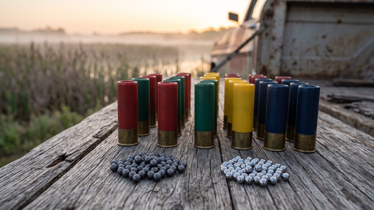 Shotgun shot size chart in real life: rows of shotgun shells in different hull colors on a weathered tailgate with loose lead and steel pellets in front and a marsh at dawn behind